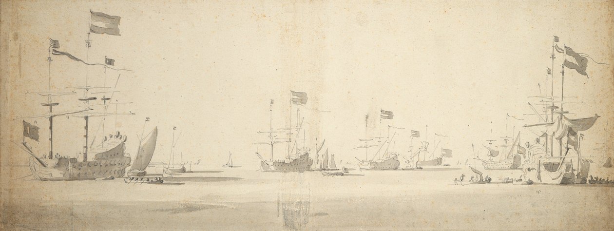 停泊中のオランダの旗艦と並走する船、1664年頃（黒鉛、グレーのウォッシュ仕上げ） 作： ウィレム・ファン・デ・エルダー・ベルデ