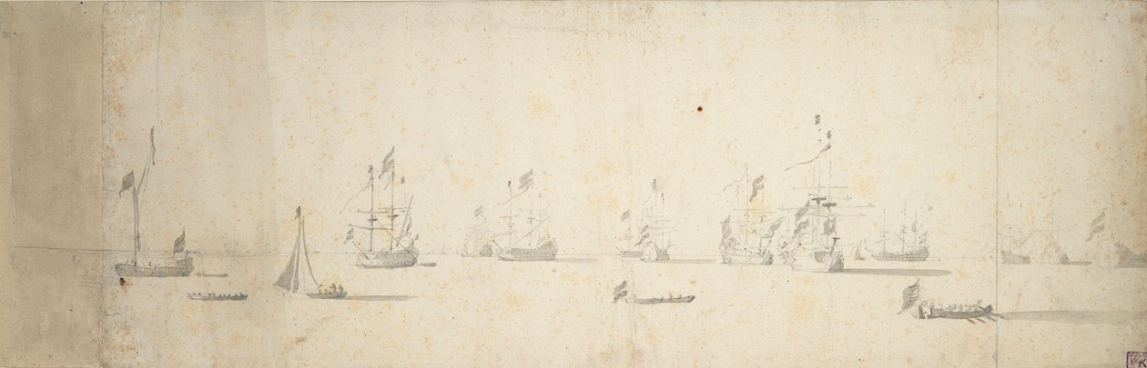 沖に停泊するオランダ船、1664年頃（黒鉛、灰色水彩） 作： ウィレム・ファン・デ・エルダー・ベルデ