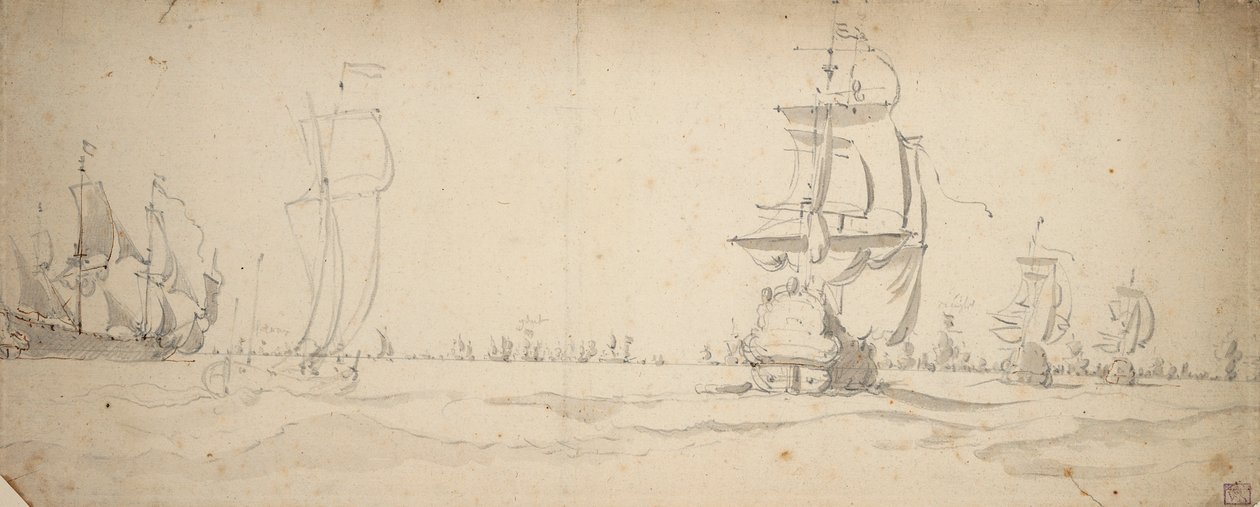 主力艦隊に向かって走り下りるオランダ船、5月？1672年頃（黒鉛、灰色水彩） 作： ウィレム・ファン・デ・エルダー・ベルデ