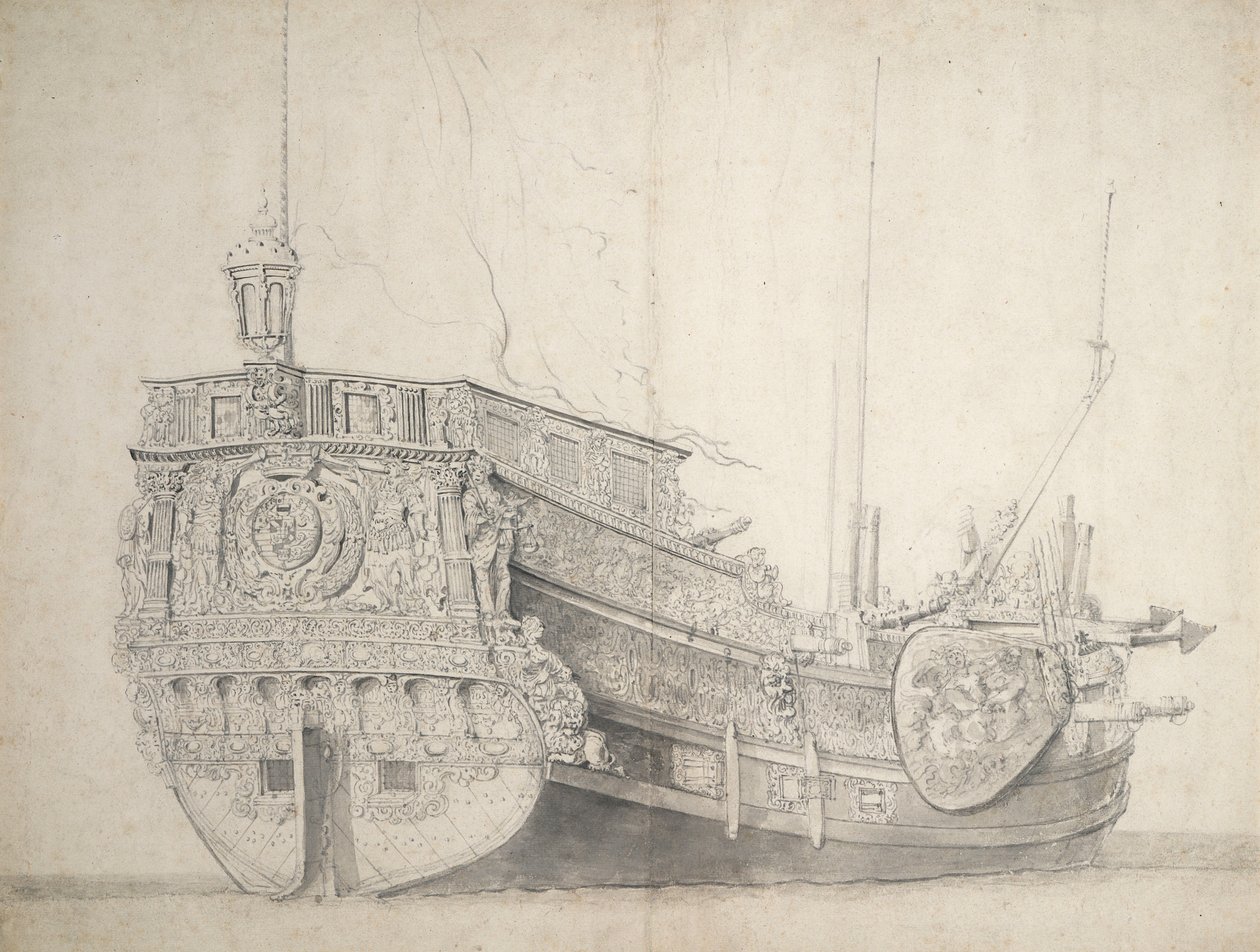オランダ王子のヨットの肖像 1660年頃（黒鉛、灰色ウォッシュ） 作： ウィレム・ファン・デ・エルダー・ベルデ