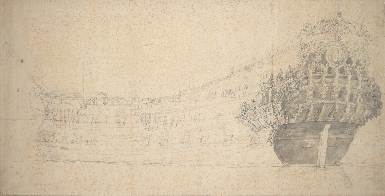 フランス製2階建て船の肖像。1666-67年にオランダで建造されたもの。 作： ウィレム・ファン・デ・エルダー・ベルデ