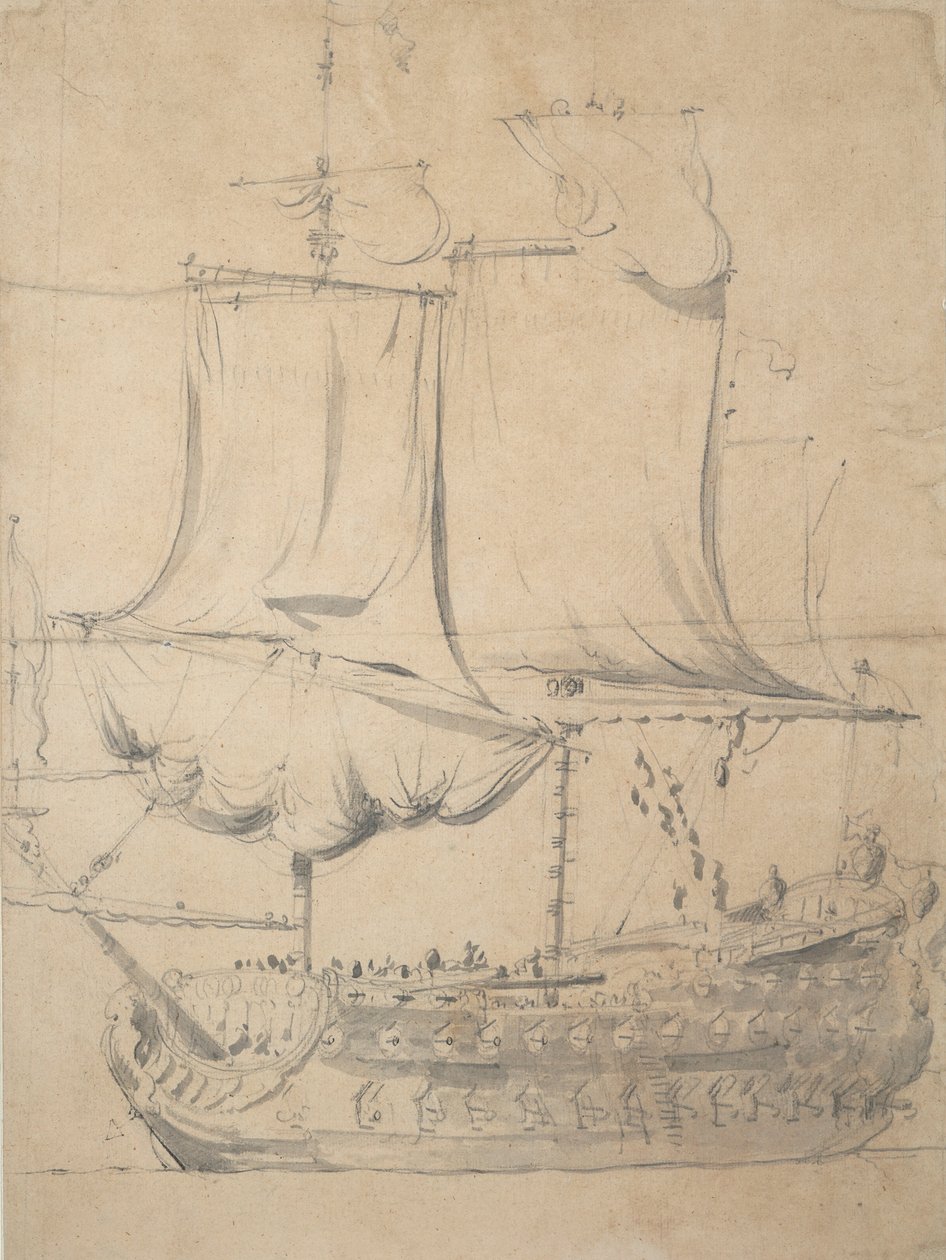イギリス三流肖像画 1685年頃（黒鉛、灰色水彩） 作： ウィレム・ファン・デ・エルダー・ベルデ