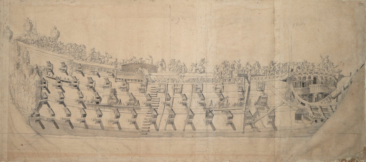 イギリス船 "チャールズ "の肖像、1676年頃（黒鉛、灰色水彩） 作： ウィレム・ファン・デ・エルダー・ベルデ