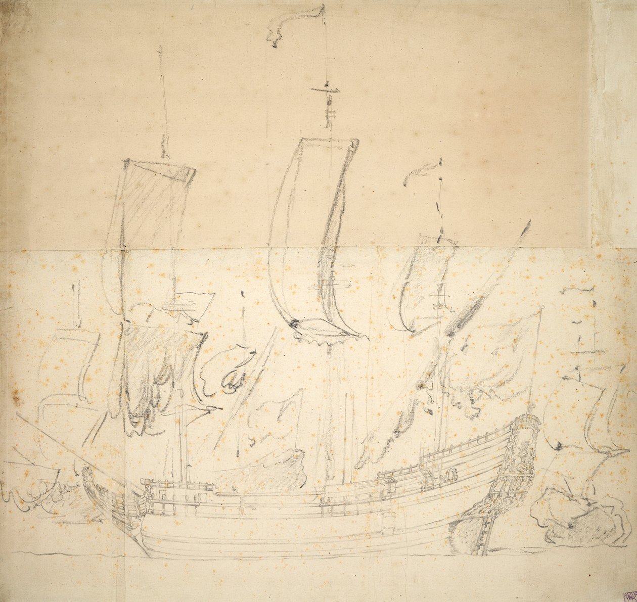 ジョージ」号の肖像画？1672年購入の火力船、6門、1674年基礎工事のため沈没、1673年頃（オフセット、黒チョーク） 作： ウィレム・ファン・デ・エルダー・ベルデ