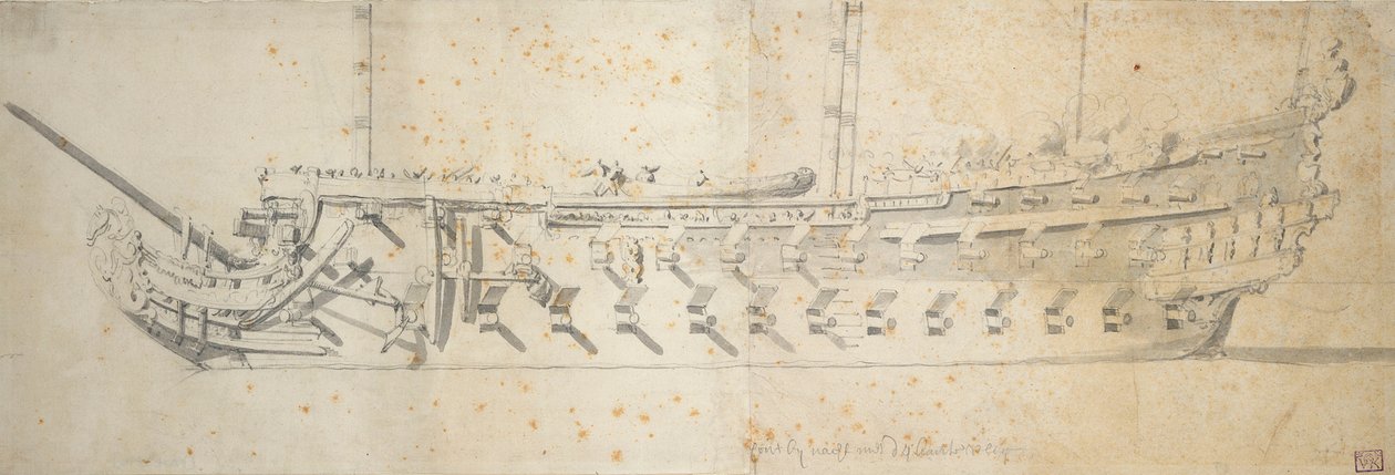 1670年に「パリ」として建造され、1671年に改名、1690年に廃船となった70～80門の船「ロイヤル・テレーズ」（？ 作： ウィレム・ファン・デ・エルダー・ベルデ