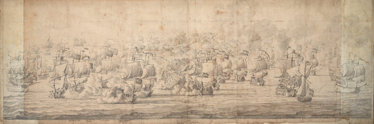 ローストフトの戦い、1665年6月3-13日、1674年頃（黒鉛、インク） 作： ウィレム・ファン・デ・エルダー・ベルデ