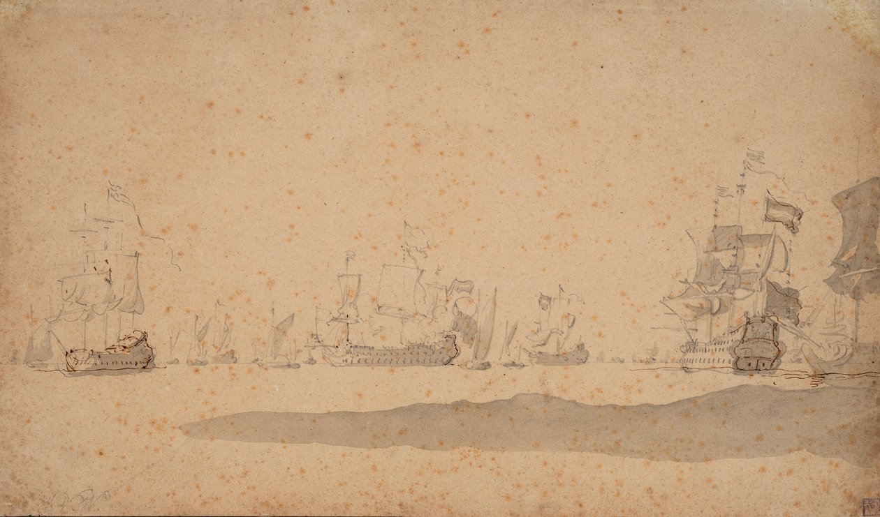 横たわるオランダ艦隊、おそらく1672年5月、1672年頃（黒鉛、灰色水彩） 作： ウィレム・ファン・デ・エルダー・ベルデ