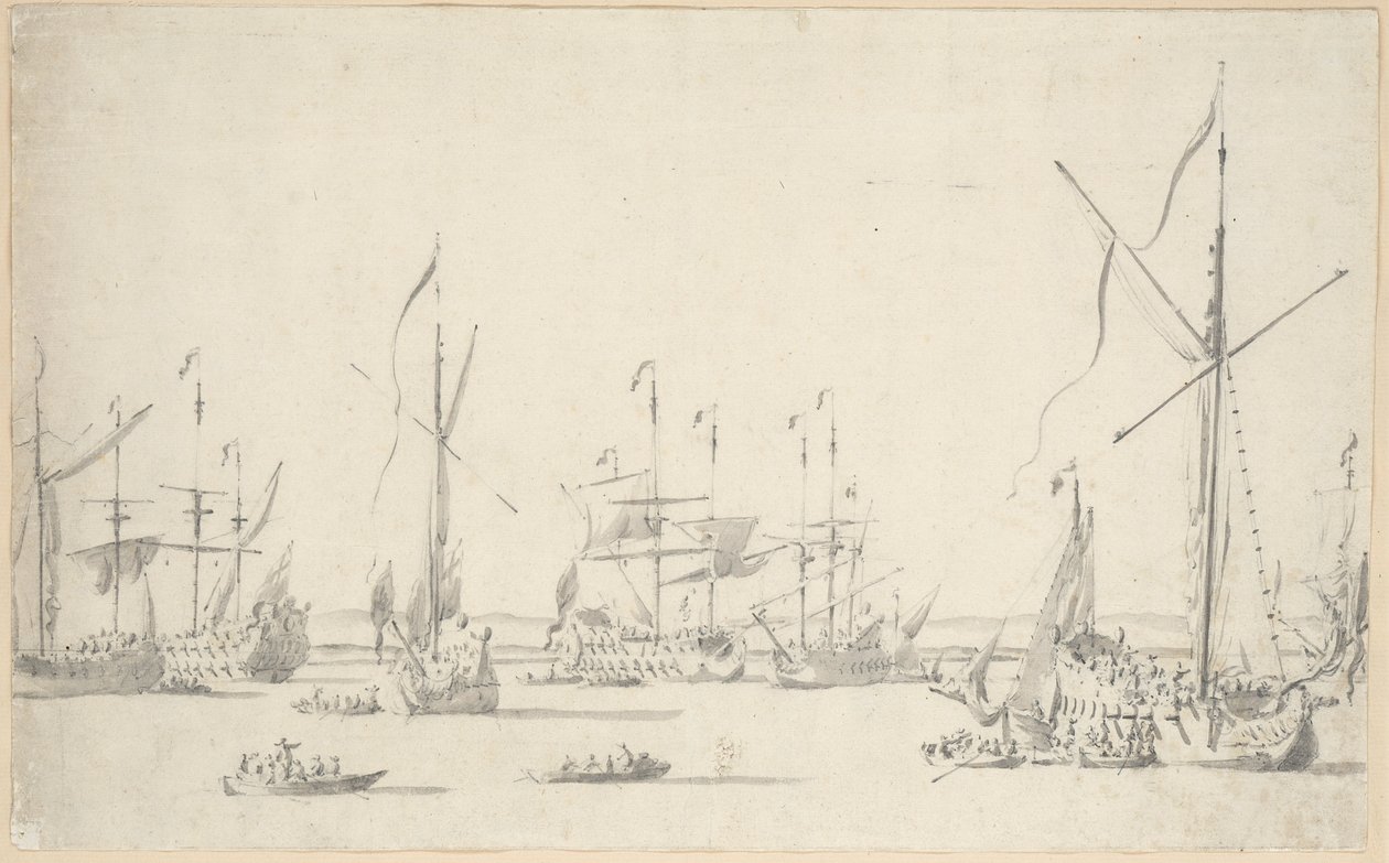 1677年頃、シアーネス近郊に停泊中のヨットと船（黒鉛、グレーのウォッシュ仕上げ） 作： ウィレム・ファン・デ・エルダー・ベルデ