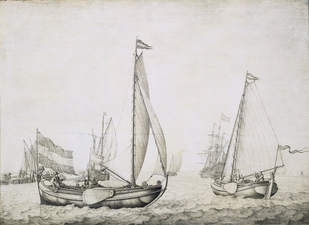 おそらくアムステルダム（オランダ）の港に停泊中の2隻のオランダ船。木地にグリザイユ、1660年頃、ウィレム・ファン・デ・ヴェルデ（1611-1693）作。 作： ウィレム・ファン・デ・エルダー・ベルデ