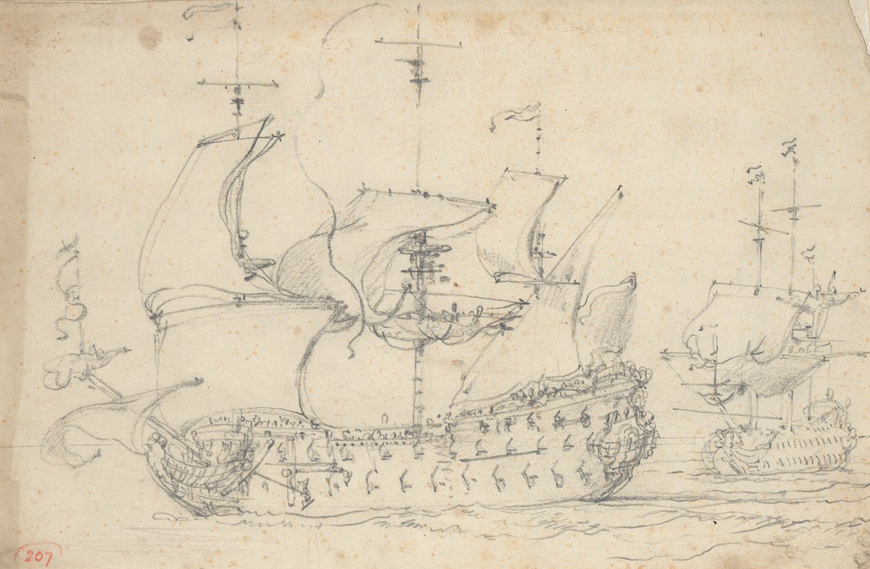 進行中の2人のイギリス人3等兵、1675年頃（鉛筆画） 作： ウィレム・ファン・デ・エルダー・ベルデ
