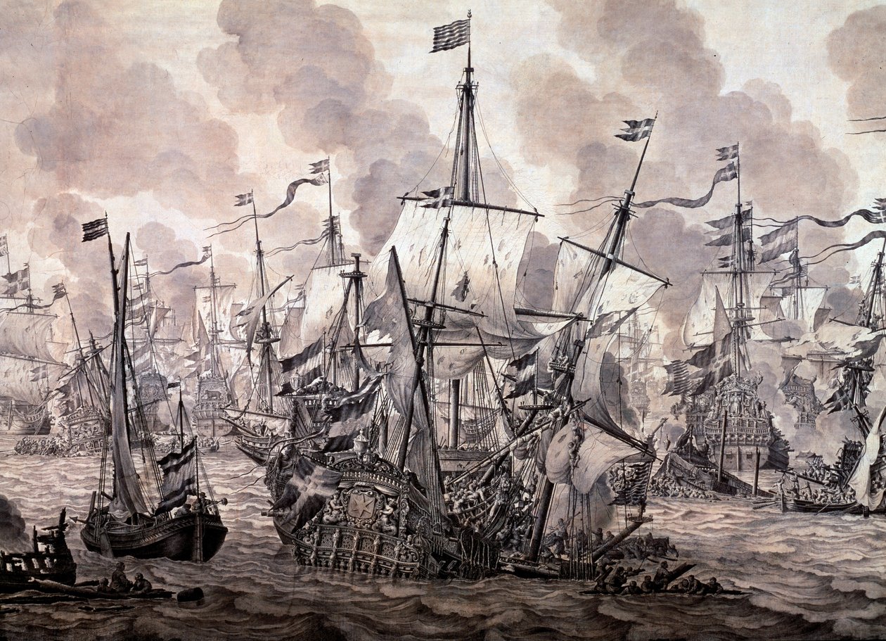 1658年11月8日、オランダ艦隊とスウェーデン艦隊の間で行われた「サウンドの戦い」。詳細 - 油彩・水墨画 作： ウィレム・ファン・デ・エルダー・ベルデ