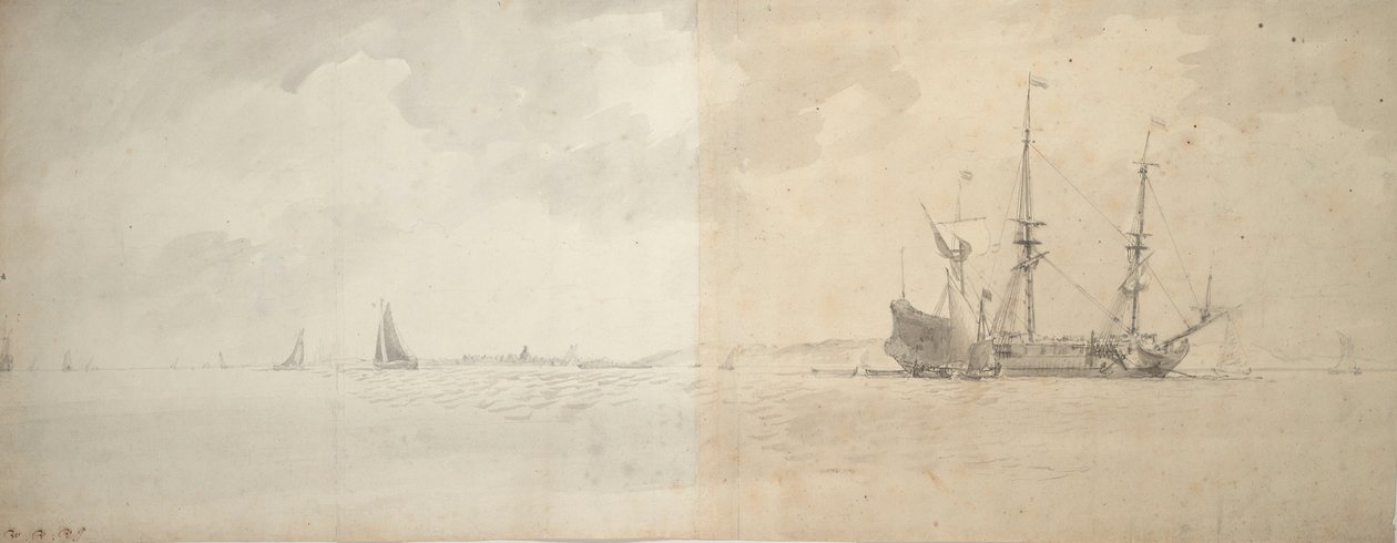 停泊するオランダのマン・オブ・ウォー、1666年頃（黒鉛画） 作： ウィレム・ファン・デ・ザ・ヤンガー・ヴェルデ