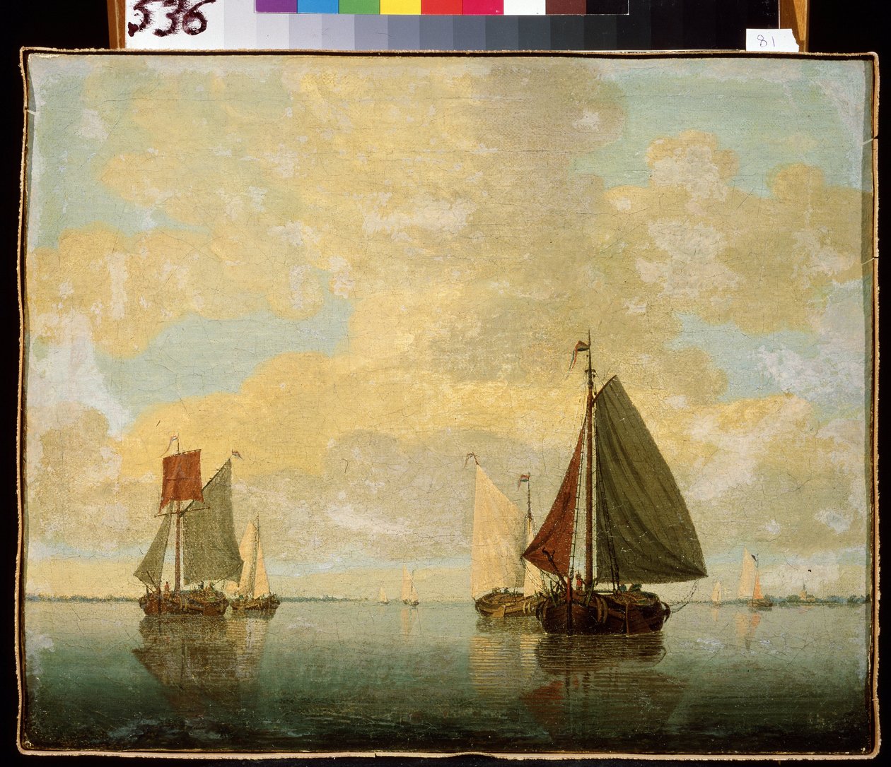 セーリング ボート。 ウィレム・ヴァン・デ・ヴェルデ・ザ・ヤンガー（1633-1707）による絵画。 キャンバスに油彩、24.5 x 32.5 cm、17 世紀後半。 フランダースの芸術、バロック様式。 エルミタージュ美術館、サンクトペテルブルク。 作： ウィレム・ファン・デ・ザ・ヤンガー・ヴェルデ