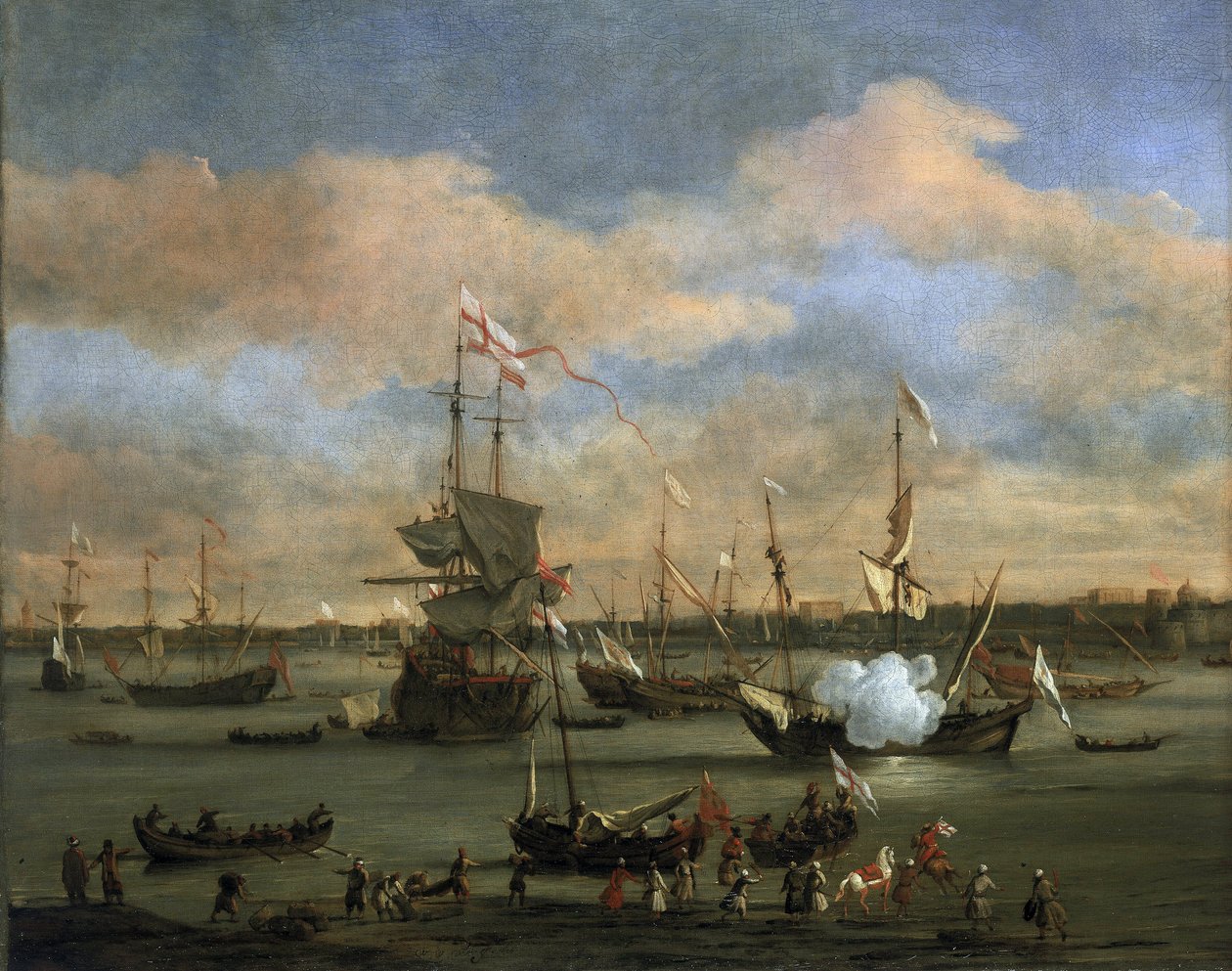 地中海の港に停泊するイギリスの貿易船。キャンバスに油彩 作： ウィレム・ファン・デ・ザ・ヤンガー・ヴェルデ