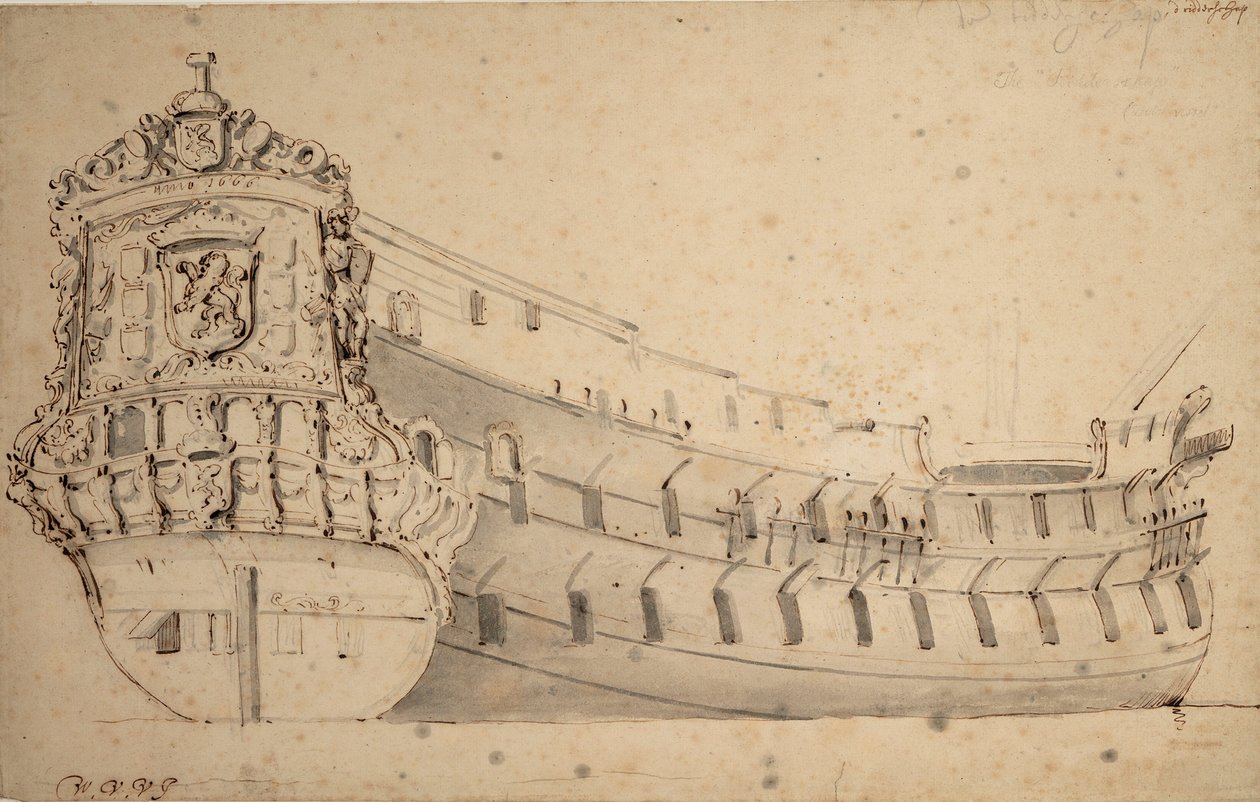 1666年に建造され、1690年に海で失われたマース提督の「リダーシャップ」66門の肖像画（黒鉛、灰色水彩）1686年頃 作： ウィレム・ファン・デ・ザ・ヤンガー・ヴェルデ