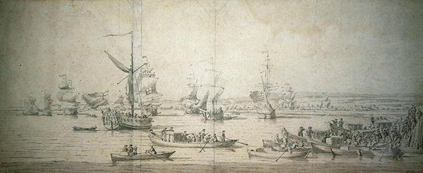 1684年9月30日、一流の戦艦「ロイヤル・ソブリン」を進水させるため、チャタムのロイヤル・ヨットにヨーク公爵ジェームズが到着した様子（紙にペンとインク、グレーのウォッシュ）。 作： ウィレム・ファン・デ・ザ・ヤンガー・ヴェルデ