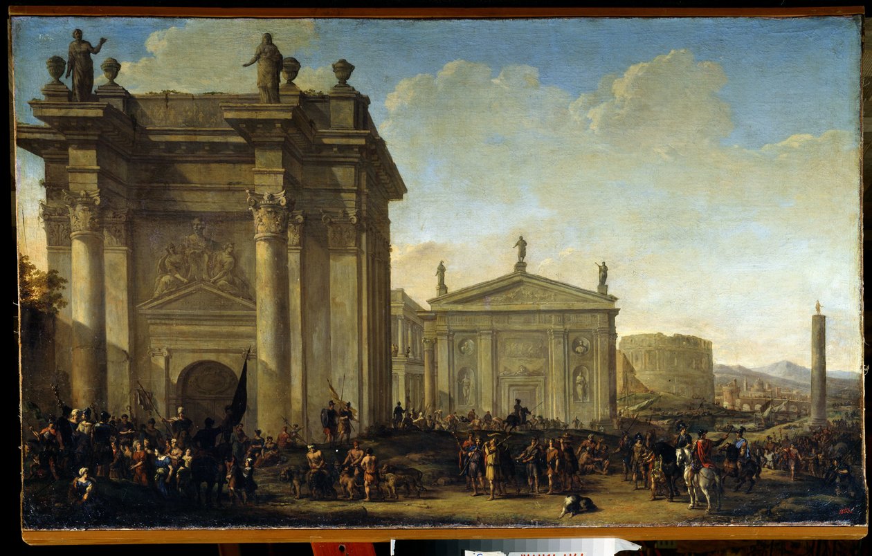 凱旋行進。 ウィレム・ヴァン・デ・ヴェルデ・ザ・ヤンガー（1633-1707）による絵画。 キャンバスに油彩、オランダ美術、バロック様式。 国立野外博物館パレス ガッチナ、サンクトペテルブルク。 作： ウィレム・ファン・デ・ザ・ヤンガー・ヴェルデ
