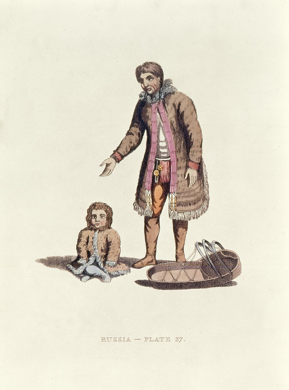 1814年にロシア人のドレスの赤ん坊と揺りかごを持つサモエドの女性 作： ウィリアムアレクサンダー