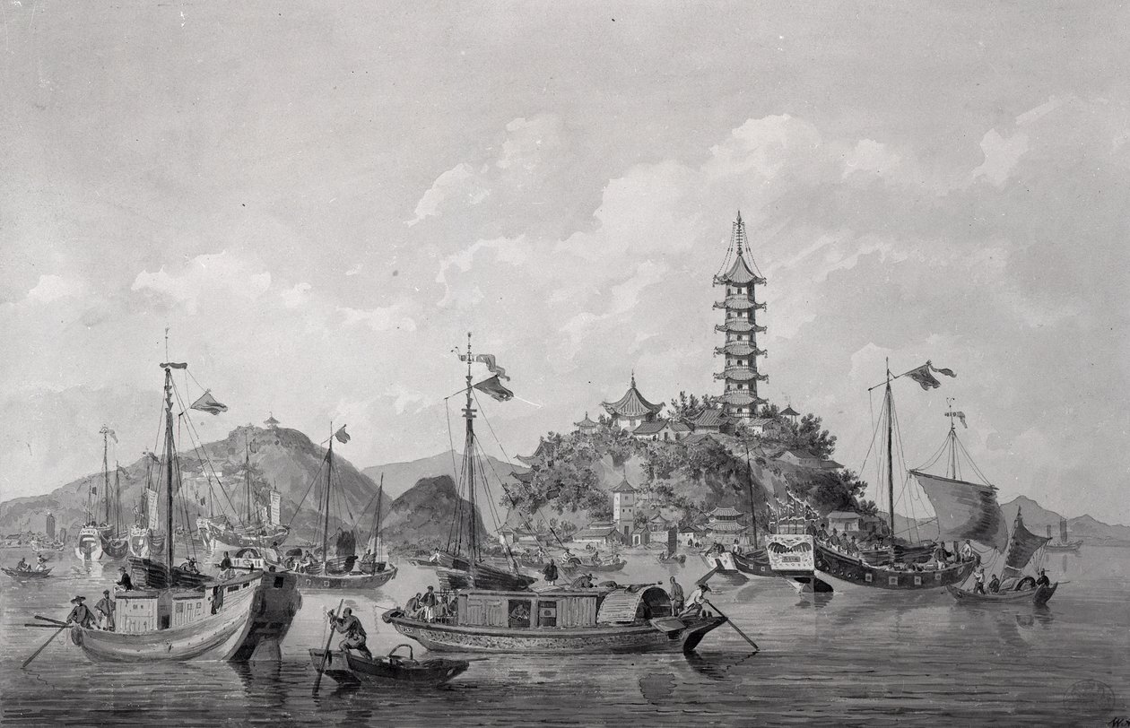 中国、ブルーリバーのゴールデンマウンテンアイランドの景色、1794年頃（ペン、インク、ウォッシュ） 作： ウィリアムアレクサンダー