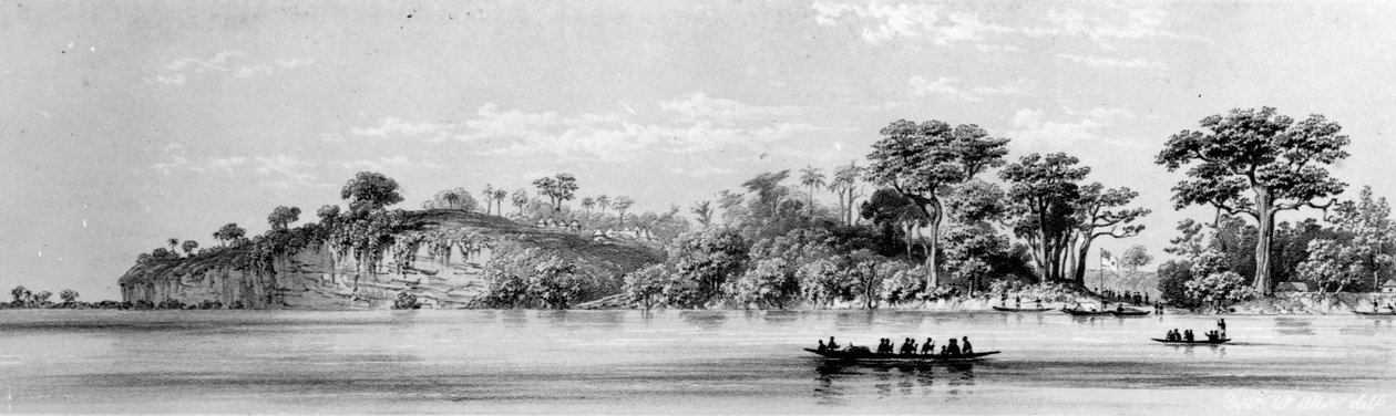 「ニジェール川の絵のような景色：ランダーが1832年から33年に最後に訪れたときにスケッチされた」リマグラフ、トーマスピッケン作、1840年発行、アッタの断崖 作： ウィリアム・アレン