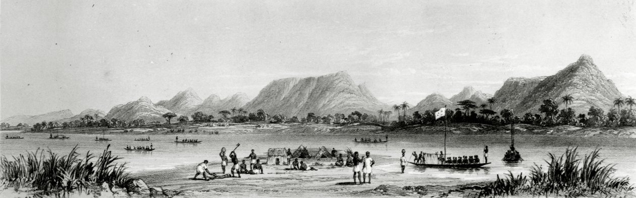 「ニジェール川の絵のような眺め：1832年から33年にランダーが最後に訪れたときにスケッチされた」ボクウェン近郊の山と市場カヌー、トーマスピッケン作のリトグラフ、1840年発行 作： ウィリアム・アレン