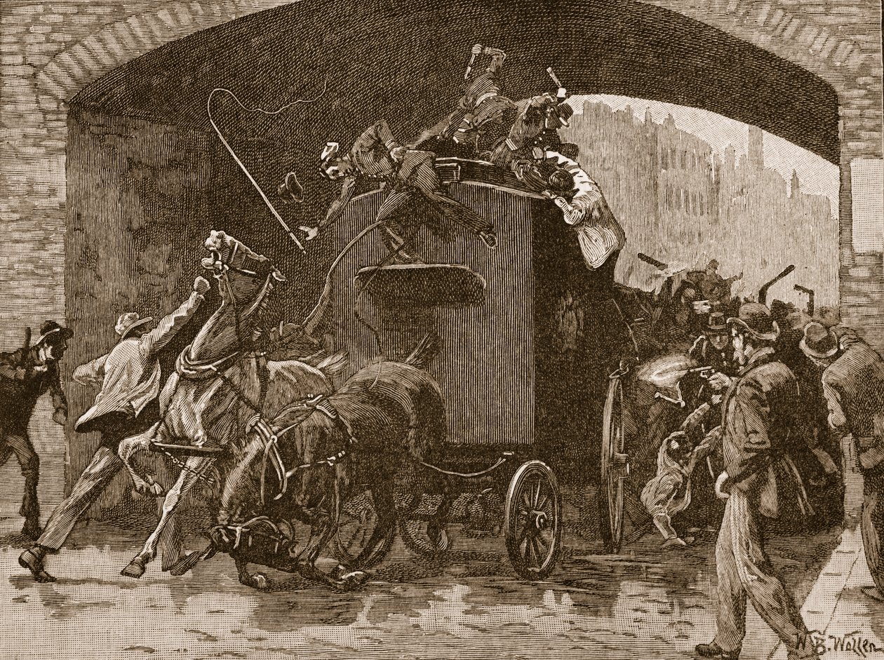1867年、マンチェスターの警察バンに対するフェニアンの攻撃、「カッセルのイラスト入りのイングランドの歴史」（セピア写真）のイラスト 作： ウィリアムバーンズウール