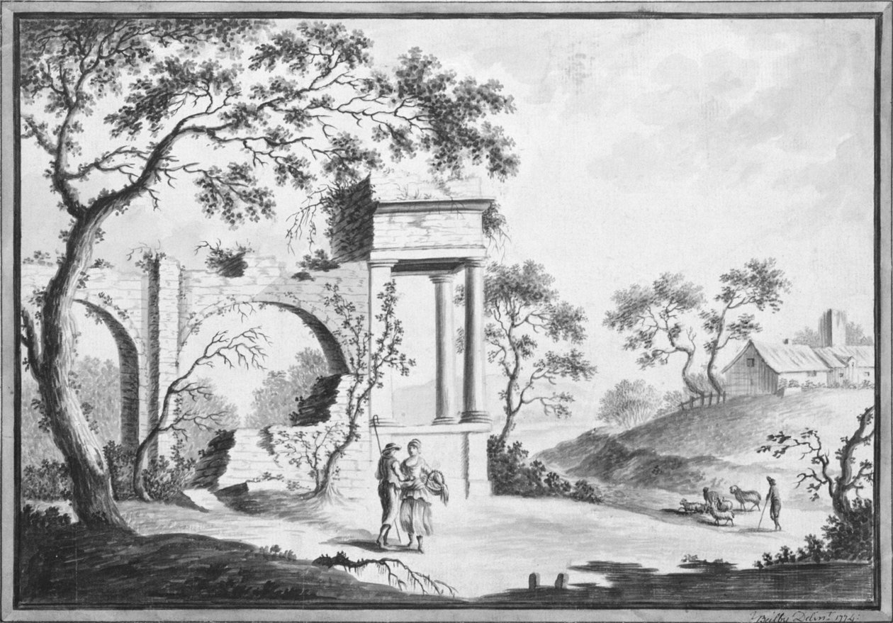 古典的な遺跡と羊飼いのいるイタリアの風景（描画） 作： ウィリアム・ベイビー