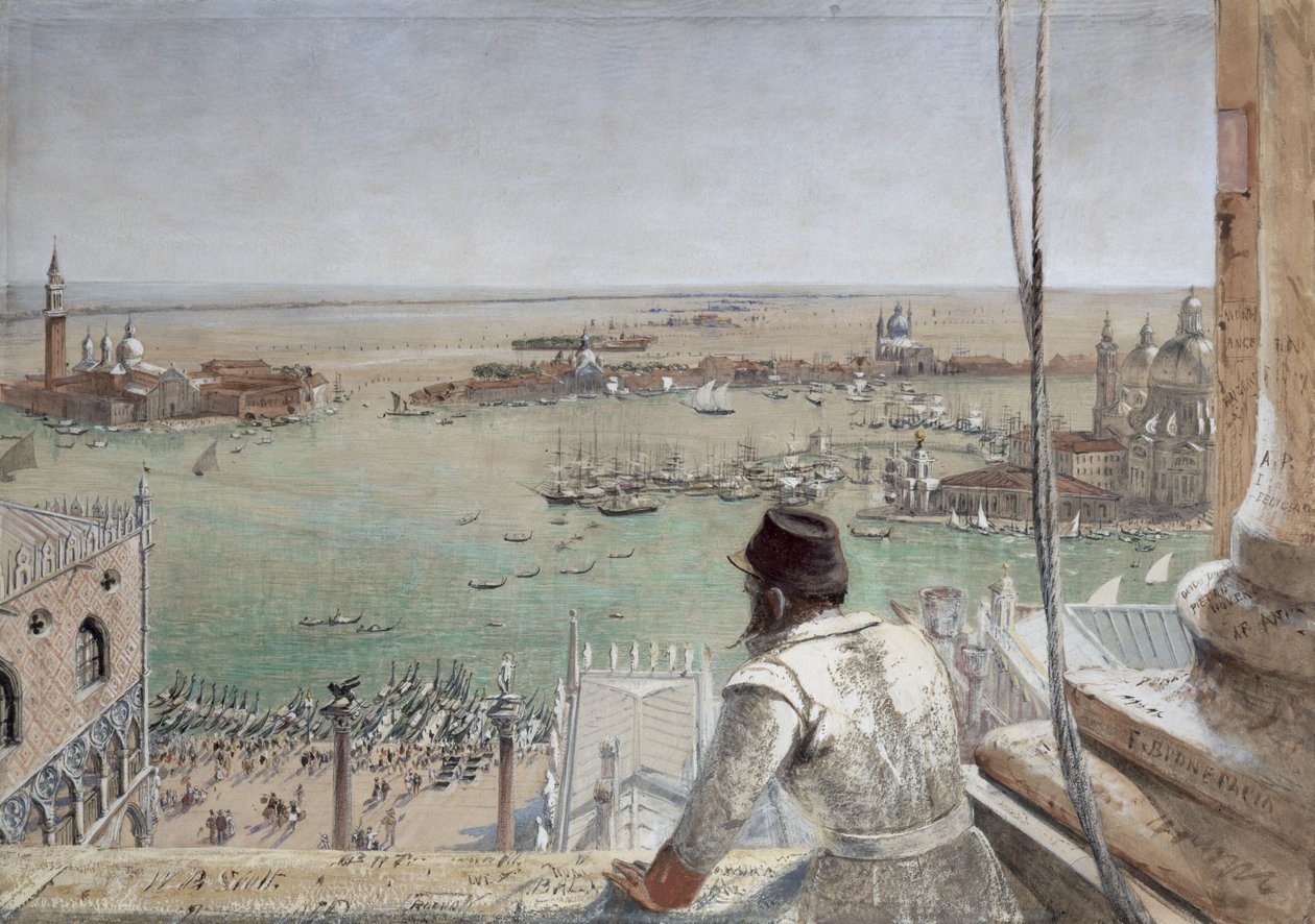 1862年、ヴェネツィアの鐘楼からのサンマルコ盆地（紙にトイレ） 作： ウィリアム・ベル・スコット