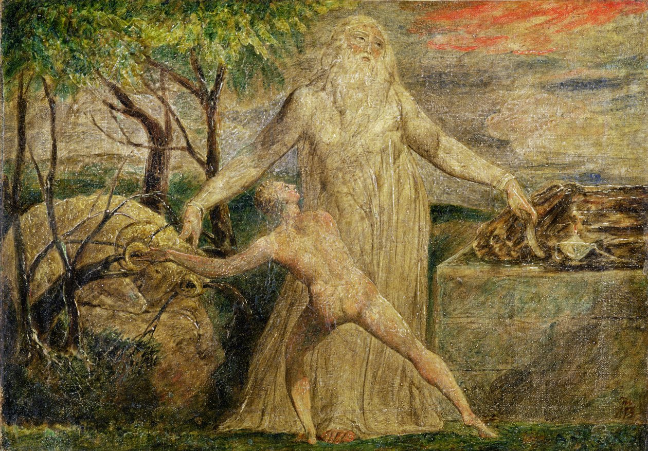 アブラハムとアイザック、1799-1800（キャンバス上のテンペラ、ペン、インク） 作： ウィリアム・ブレイク