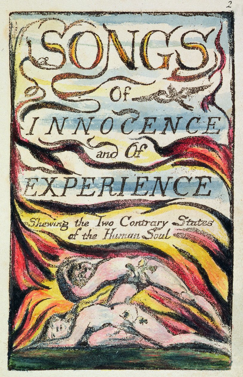 「無邪気さと経験の歌」からのタイトルページの組み合わせ、ベントレーコピーLのプレート2、c.1789-94（レリーフエッチング、ペンと紙、紙に） 作： ウィリアム・ブレイク