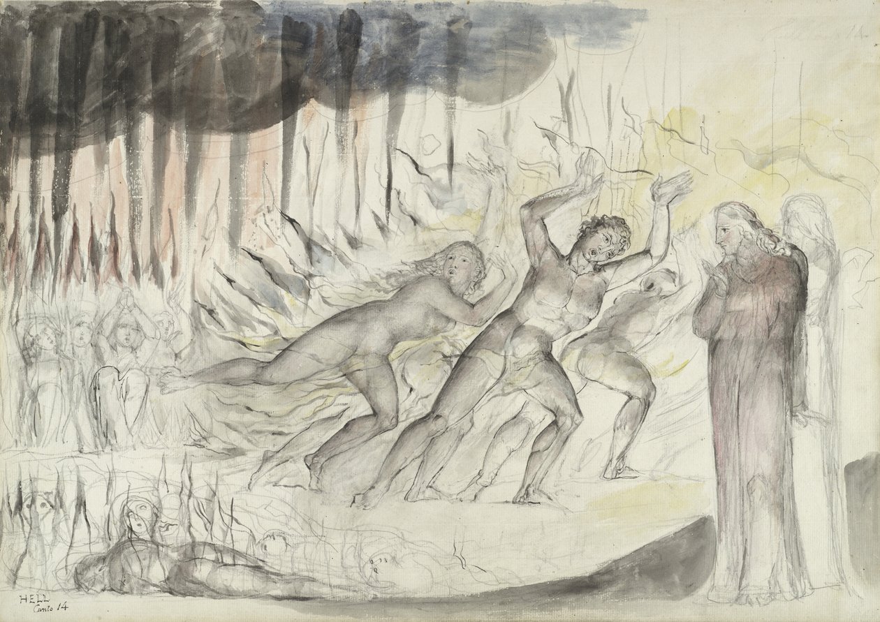 冒涜者の間のダンテとバージル、ダンテ・アリギエーリによる神曲の挿絵、1824-27年（ペンとインクに鉛筆と紙にチョークでインクを塗ったもの） 作： ウィリアム・ブレイク