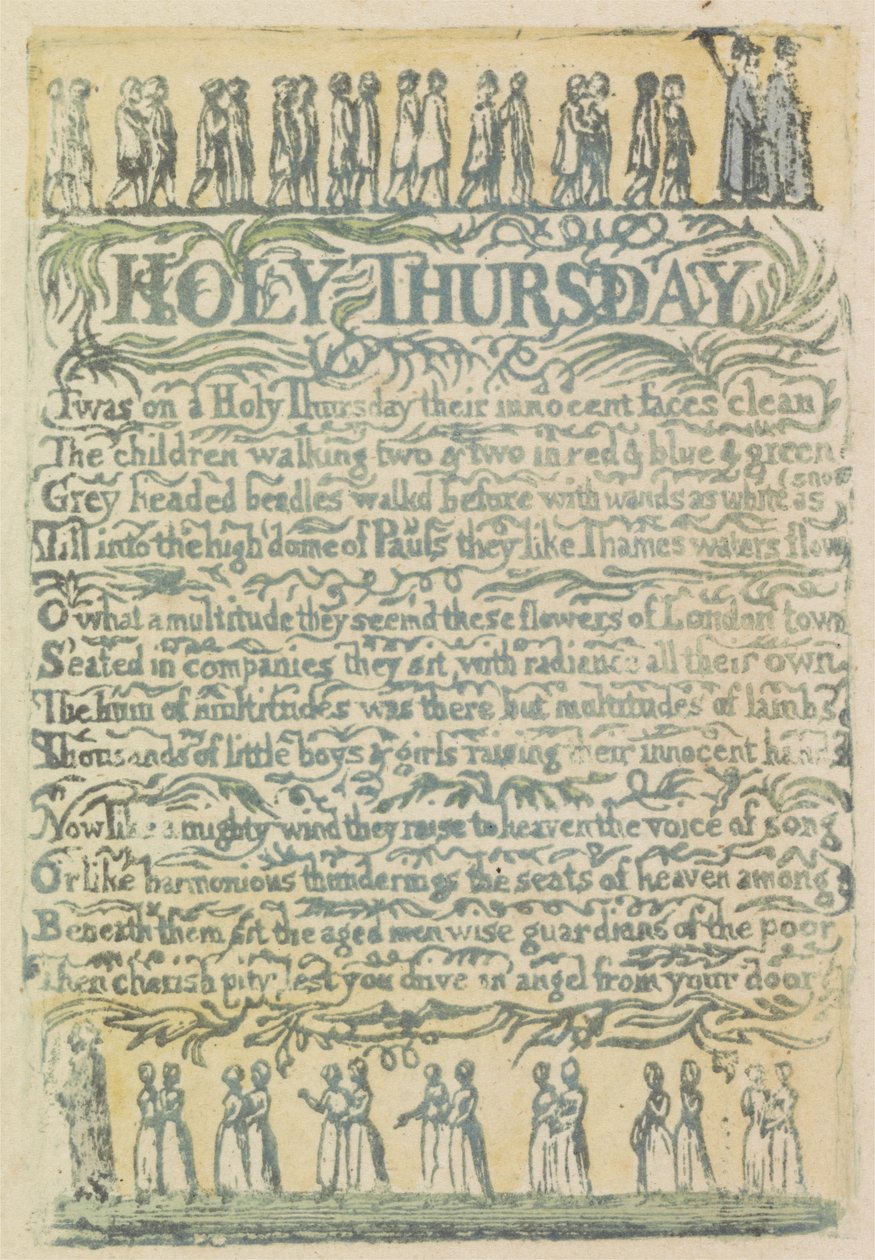 聖木曜日、1789年の「Songs of Innocence」からのプレート24（水彩で手描きのレリーフエッチング） 作： ウィリアム・ブレイク