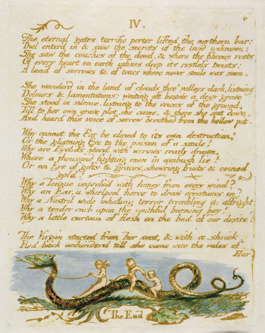 「IV The Eternal Gates ...」、「The Book of Thel」のプレート8、1789年（紙にペンとトイレで手書きのレリーフエッチング） 作： ウィリアム・ブレイク