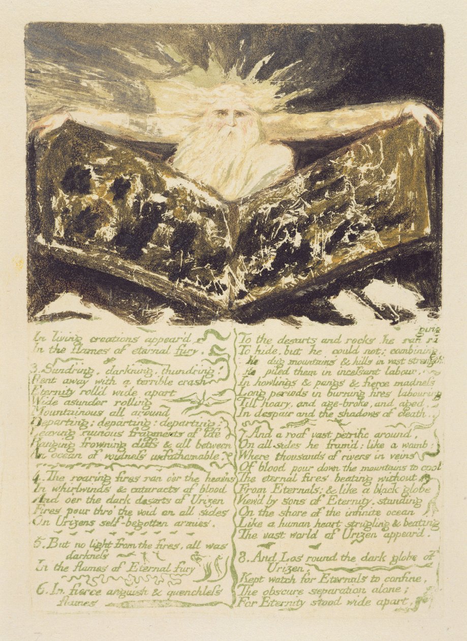 「生きている創造物が現れます...」、プレート1、「The First Book of Urizen」、1794（カラープリントレリーフエッチング、トイレ付き） 作： ウィリアム・ブレイク