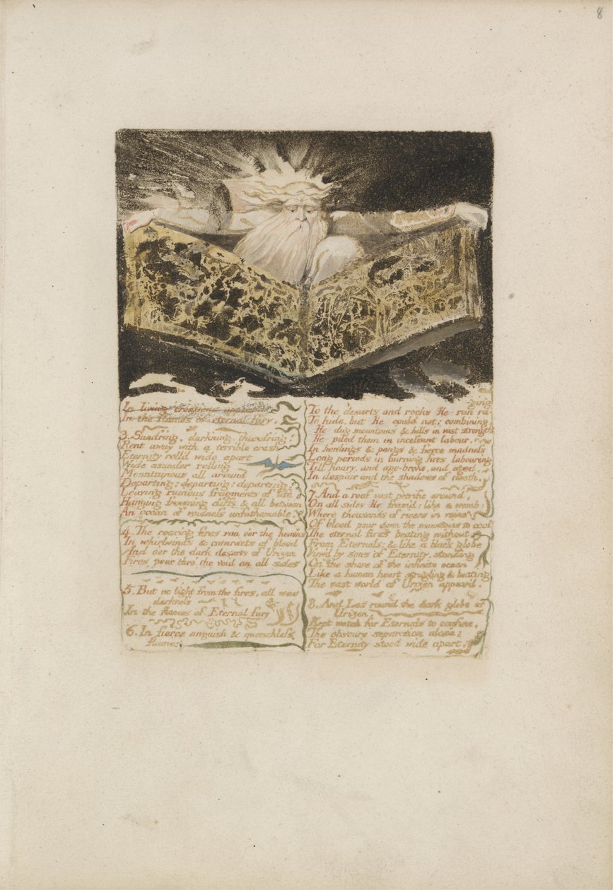 生きている創造物に登場した...、1794年のThe First Book of Urizen、プレート8（インクとトイレでカラー印刷されたレリーフエッチング） 作： ウィリアム・ブレイク