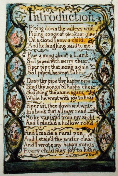はじめに、Songs of Innocence and of Experience（Bentley Copy L）1789-94（ペンとトイレでレリーフエッチング）のプレート4（Bentley 4） 作： ウィリアム・ブレイク