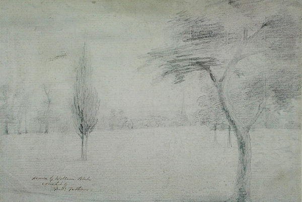 尖塔のある風景、1801年頃 作： ウィリアム・ブレイク