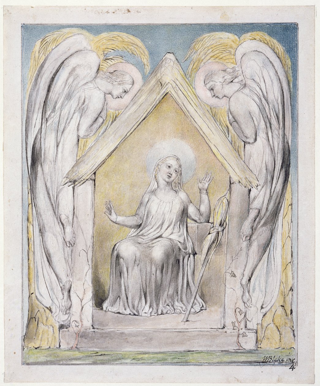 メアリーのキリストへの哀悼、ジョンミルトンによる「パラダイスの回復」のイラスト、c.1816-18（ペンとインク、灰色のウォッシュと紙のトイレ） 作： ウィリアム・ブレイク