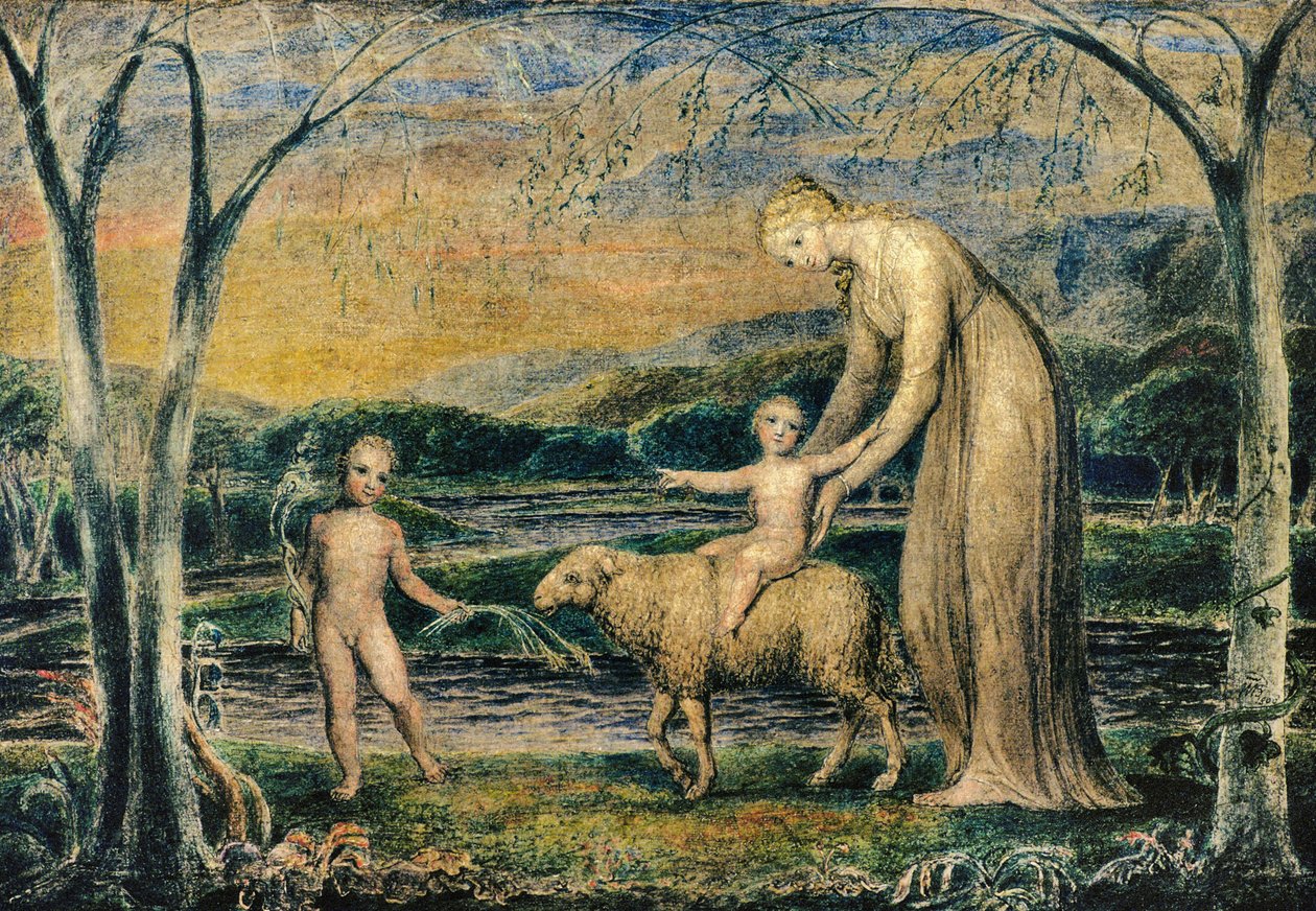 聖ヨハネと子羊に乗った乳児イエスと聖母、1800（tempera） 作： ウィリアム・ブレイク