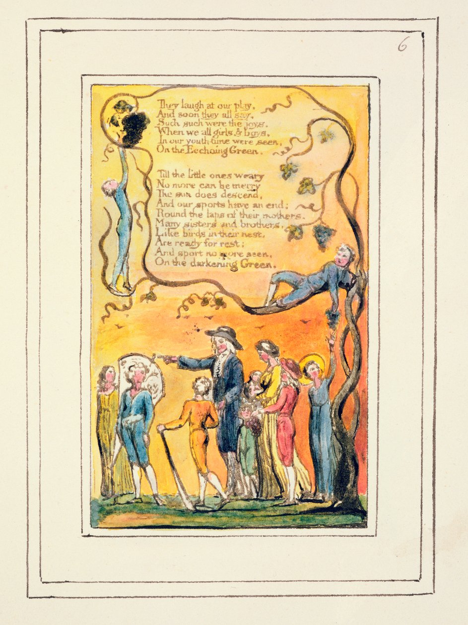 P.124-1950.pt6 Echoing Green（続き）：Songs of Innocence and of Experience（copy R）c.1802-08（etching、ink and wc）のプレート6 作： ウィリアム・ブレイク