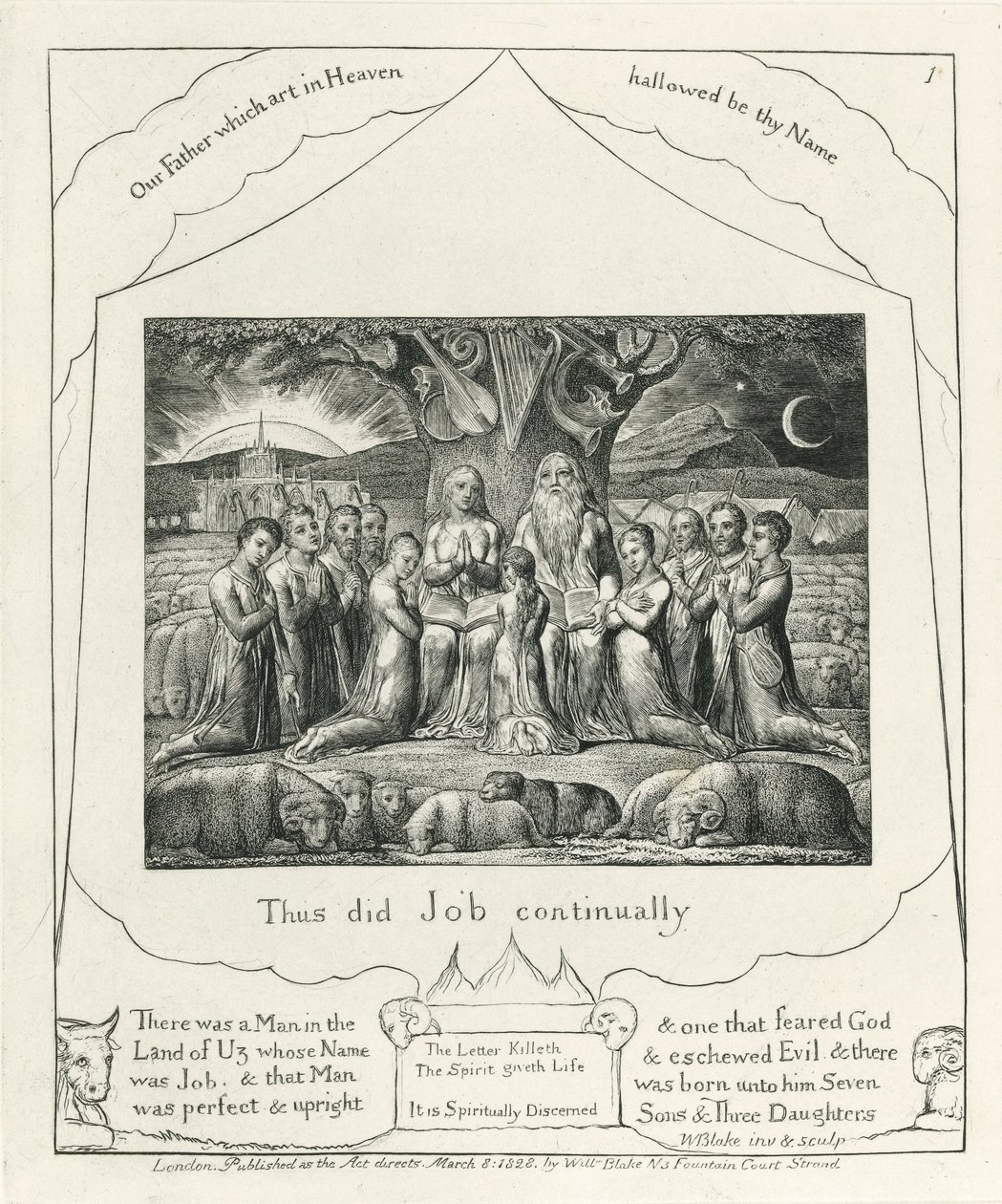 プレート1、ジョブと彼の家族、「ジョブブック」のイラスト、c.1825（紙にブラックカーボンインク） 作： ウィリアム・ブレイク