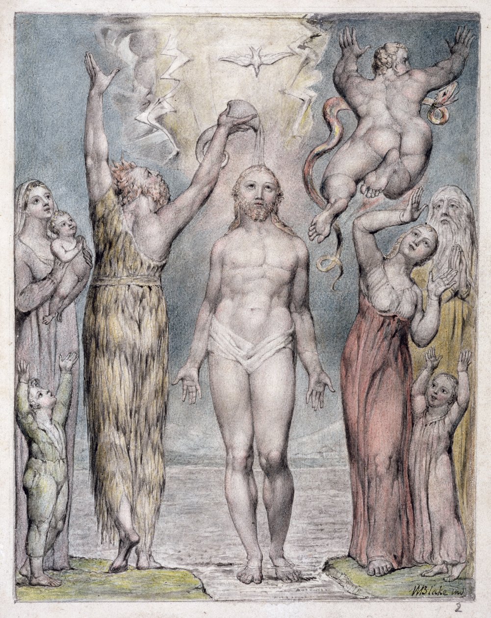 キリストのバプテスマ、ジョンミルトンによる「パラダイスの回復」のイラスト、c.1816-18（ペンとインク、灰色のウォッシュと紙のトイレ） 作： ウィリアム・ブレイク