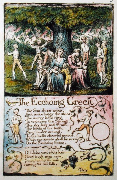Echoing Green、プレート5（Bentley 6）、Songs of Innocence and of Experience（Bentley Copy L）1789-94（ペンとトイレで浮き彫りにしたもの） 作： ウィリアム・ブレイク