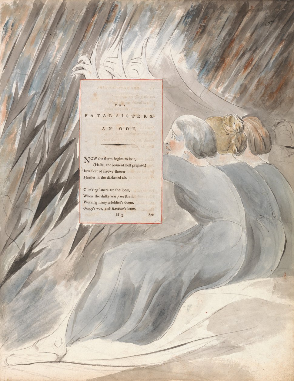 The Fatal Sisters、The 71 of The Poems of Thomas Grey、1797-98（紙とペンとインクでトイレ） 作： ウィリアム・ブレイク