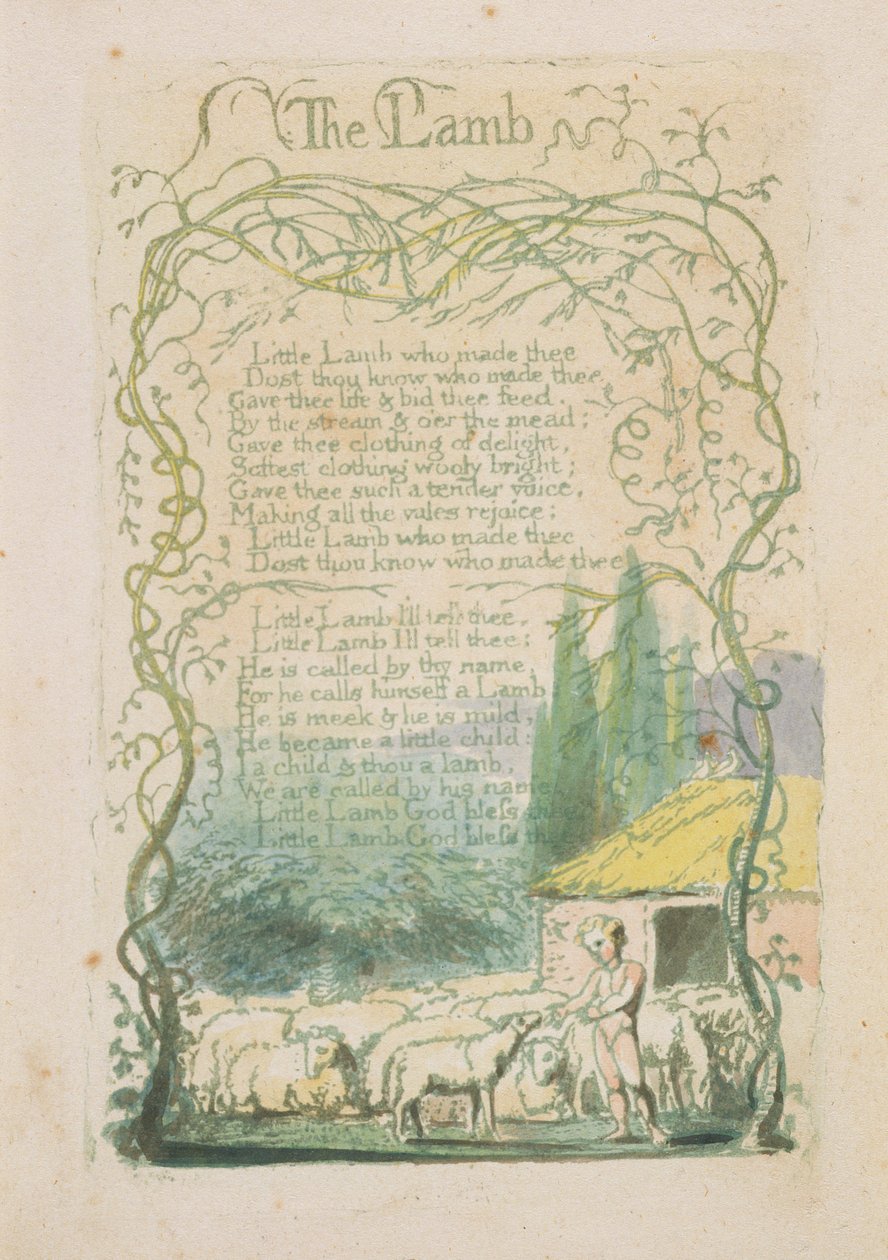 「イノセンスの歌」1789年「ラム」プレート17（水彩で手描きのレリーフエッチング） 作： ウィリアム・ブレイク