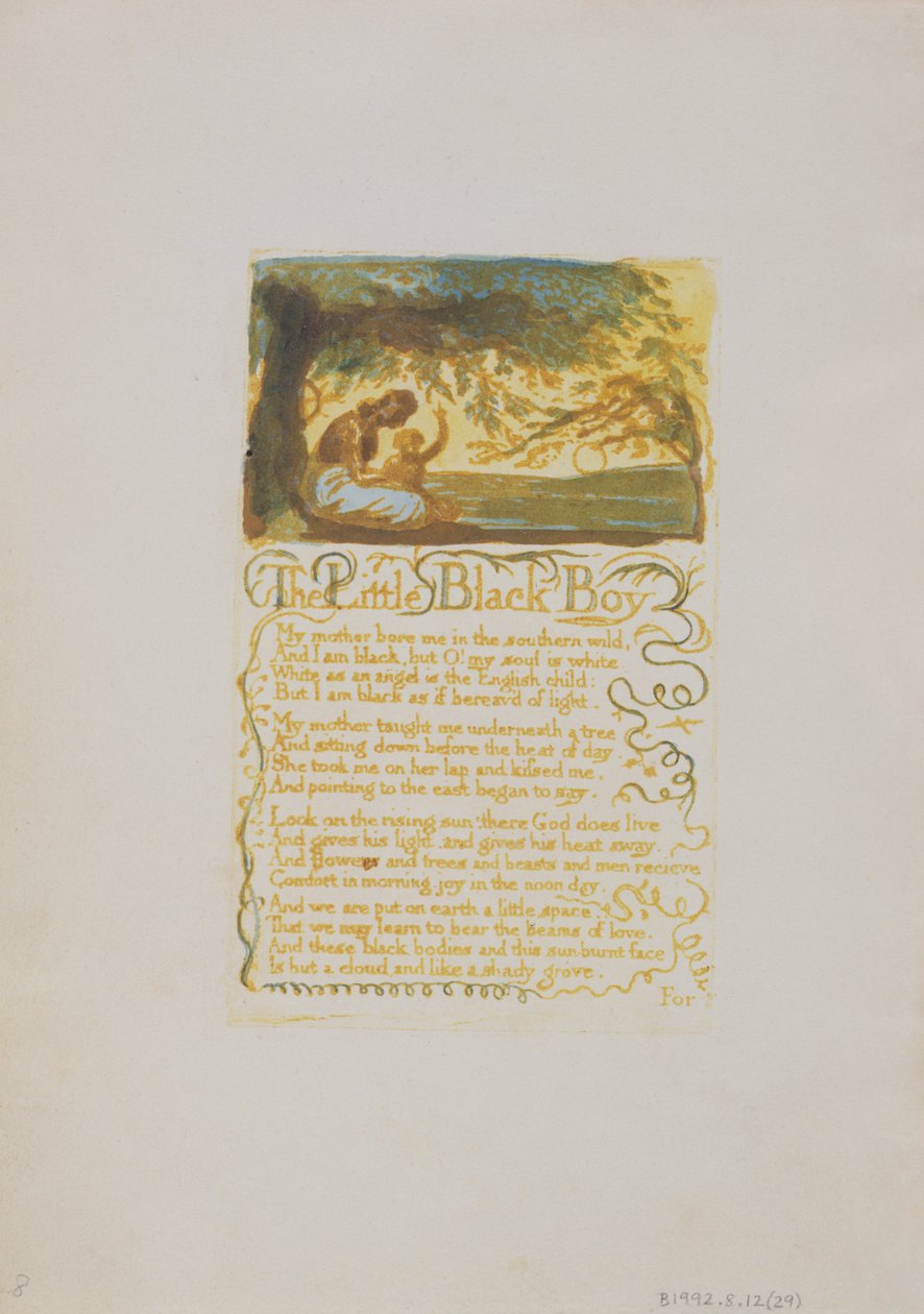 リトルブラックボーイ、Songs of Innocence、1789年の版29（WCによるレリーフエッチング） 作： ウィリアム・ブレイク