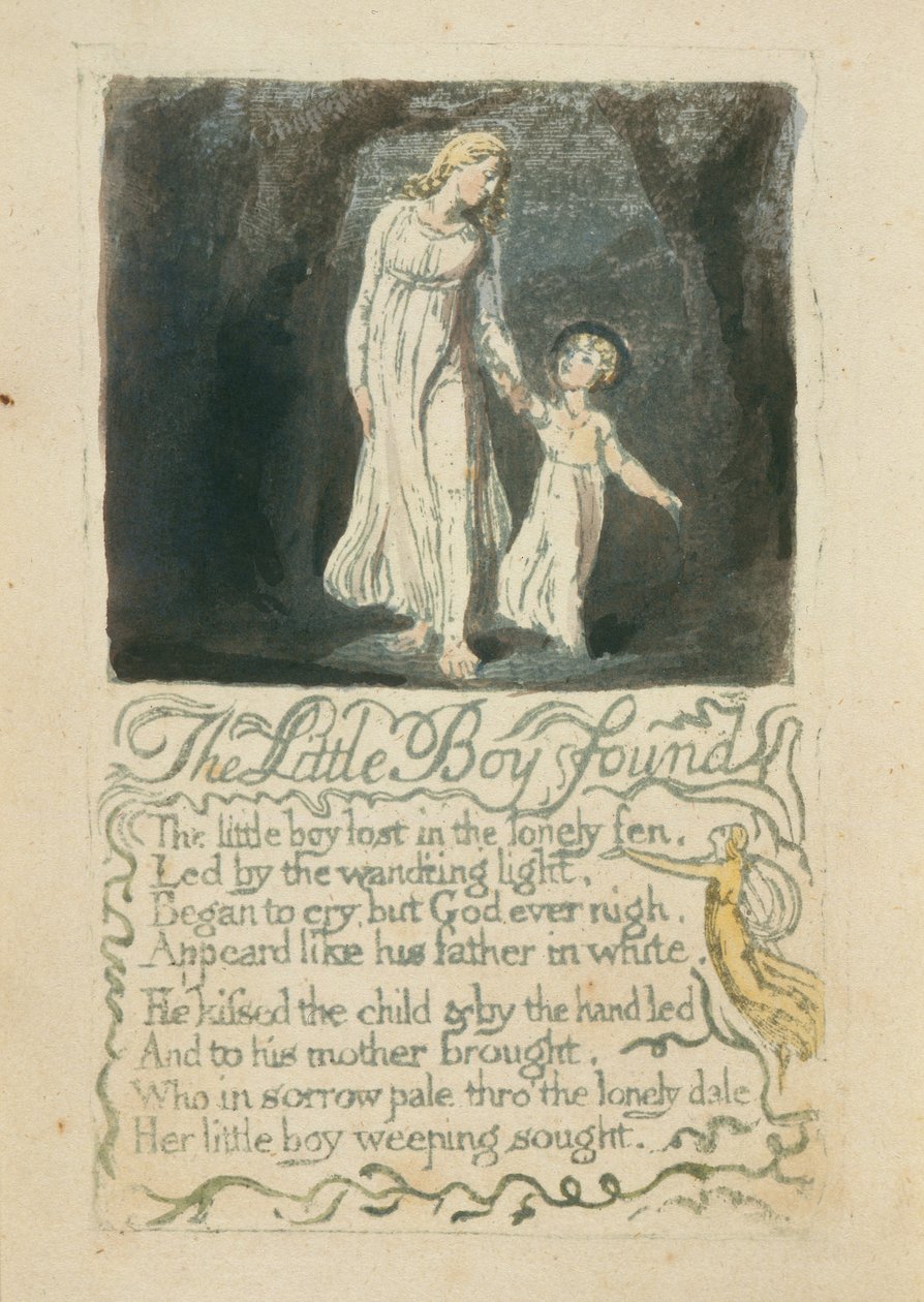 見つかったリトルボーイ、1789年の歌、イノセンスのプレート16（水彩で手描きのレリーフエッチング） 作： ウィリアム・ブレイク