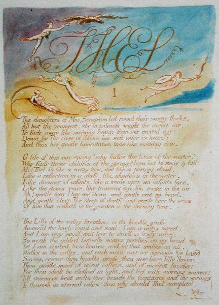 Thel I The Daughters of Mne Seraphim ...、the 3 of the Book of Thel、1789（レリーフエッチングは茶色で、紙にトイレ付きで印刷） 作： ウィリアム・ブレイク