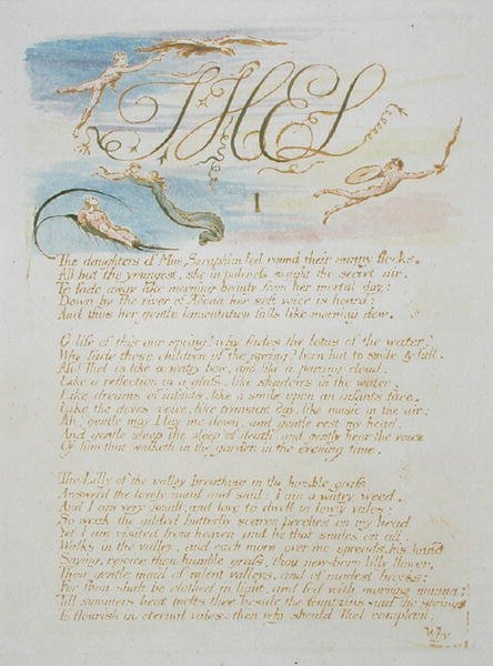 ThelIThe Daughters of Mne Seraphim ...、The Book of Thel、1789のプレート3（ペンと紙に紙で手書きのレリーフエッチング） 作： ウィリアム・ブレイク
