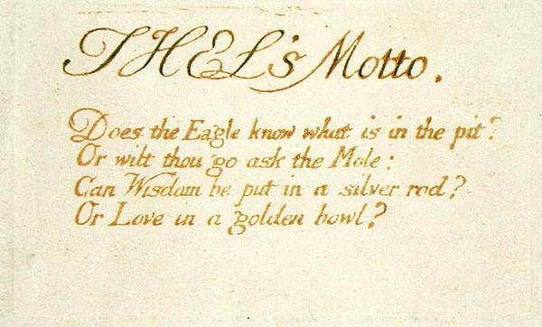 Thels Motto ...、The Book of Thel、1789のプレート1（紙にペンとトイレで手書きのレリーフエッチング） 作： ウィリアム・ブレイク